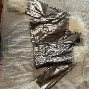 Nasty Gal Shiny Silver Coat with Faux Fur